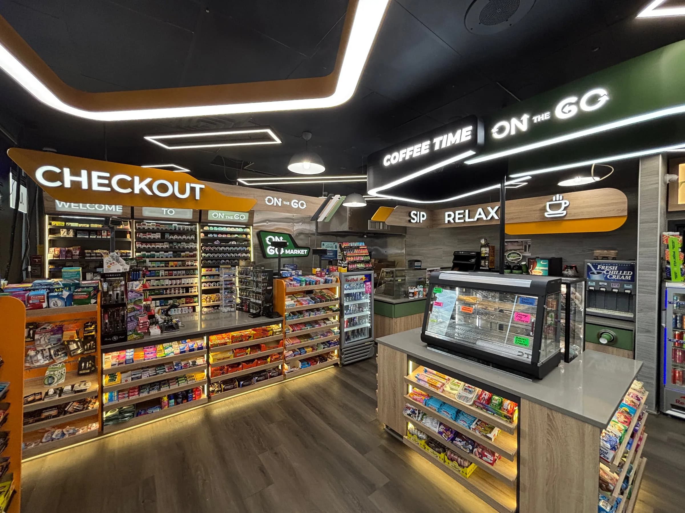 Checkout counter and coffee area at On The Go convenience store, Pennsylvania