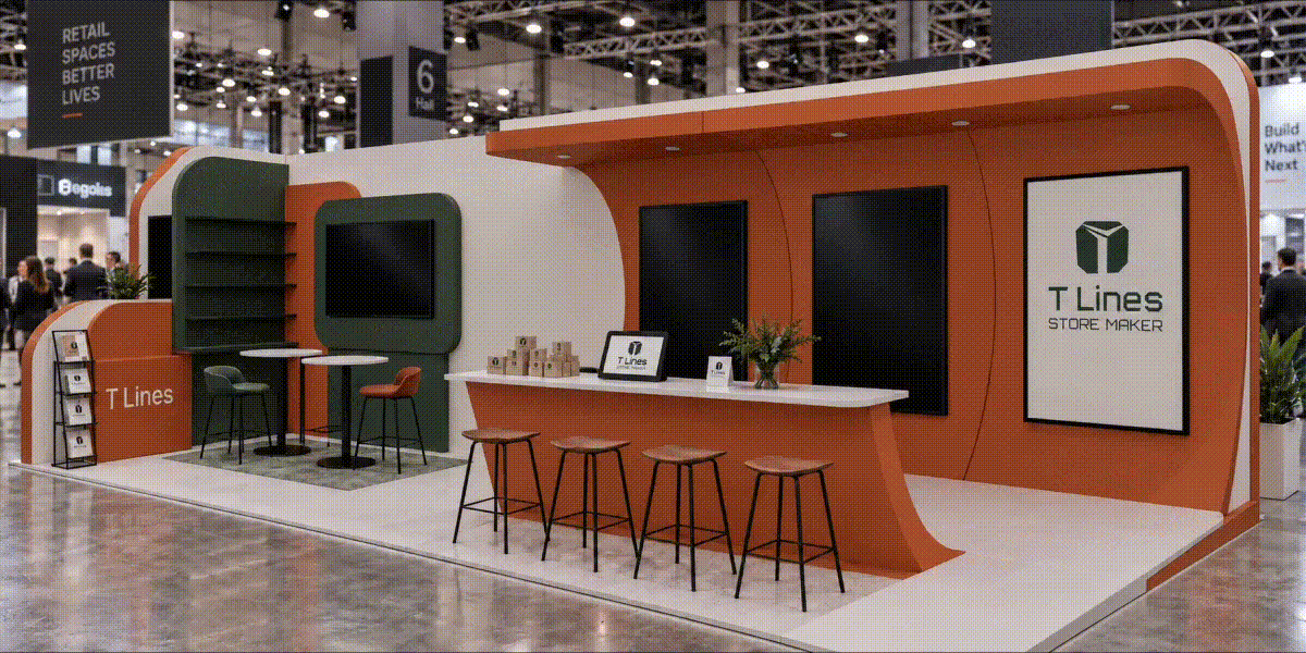 Rendering of the T Lines Store Maker booth: orange and green stand with a bar counter, stools and seating